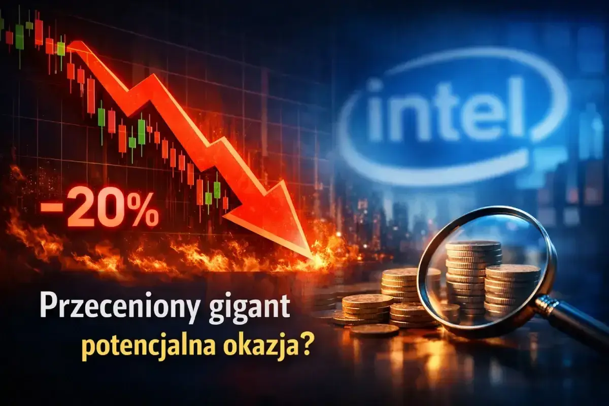 Spadający wykres, logo Intel i stosy monet pod lupą. Czy to okazja inwestycyjna? Intel kurs.