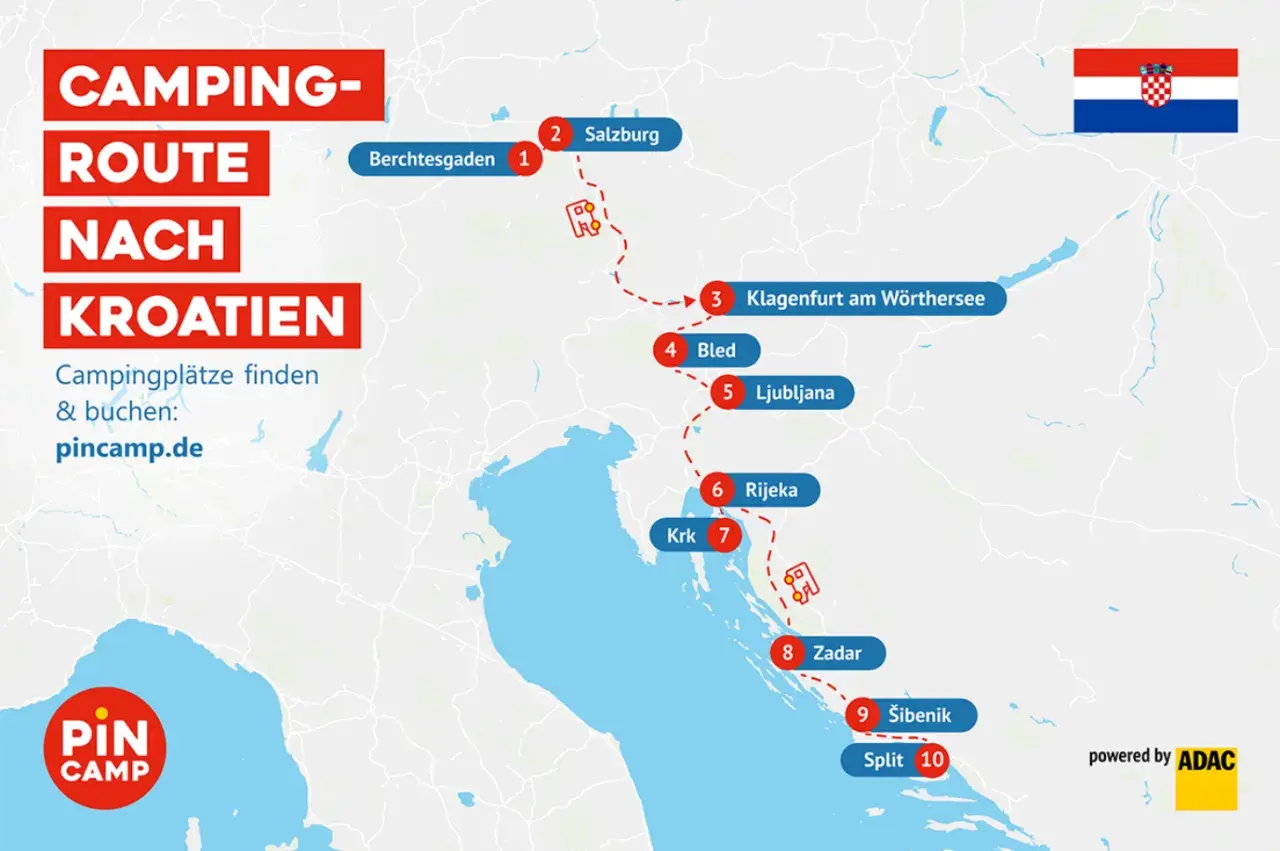 Camping-Route nach Kroatien: Von Berchtesgaden über Salzburg, Bled und Rijeka bis nach Zadar und Split. Ideal für deinen Kroatien Roadtrip!