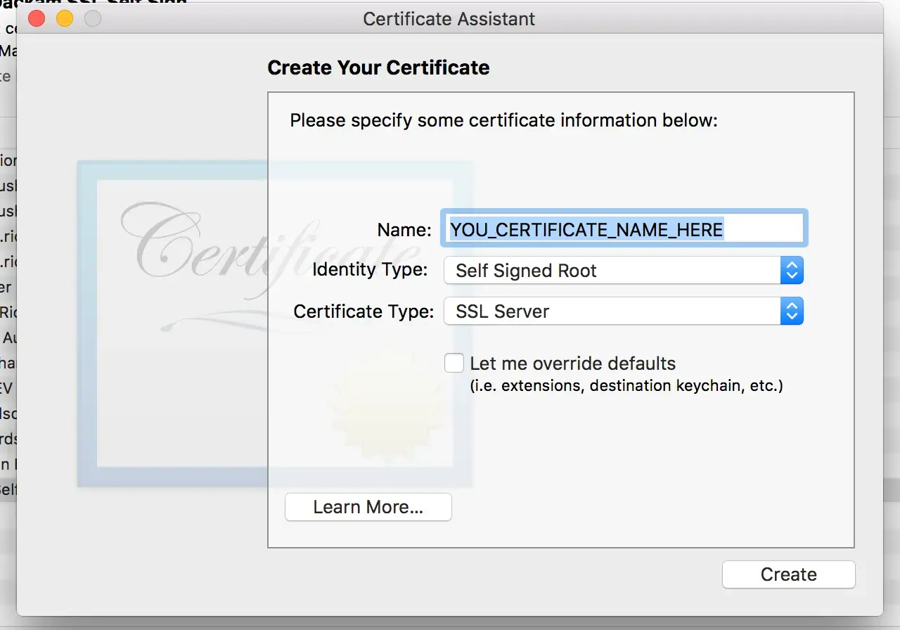Asistente de Certificados: Crea tu certificado digital en Mac. Introduce el nombre, tipo de identidad y tipo de certificado.