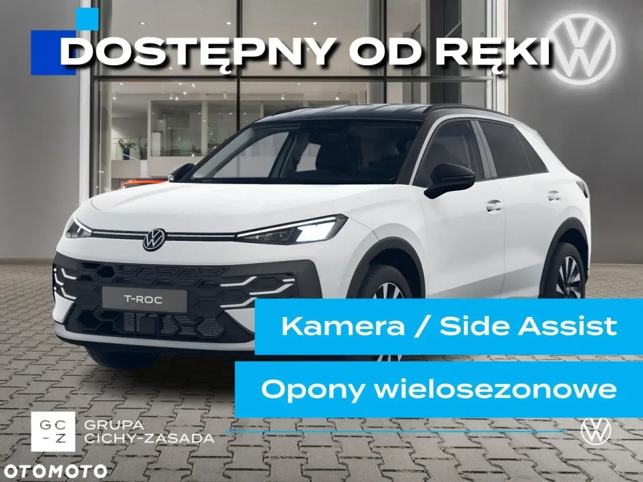 Nowy T-Roc z kamerą i asystentem parkowania, dostępny od ręki. Idealny na każdą pogodę dzięki oponom wielosezonowym.