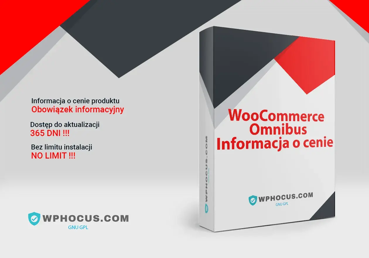 WooCommerce Omnibus: Informacja o cenie produktu. Dostęp do aktualizacji 365 dni, bez limitu instalacji. WPHOCUS.COM GNU GPL.