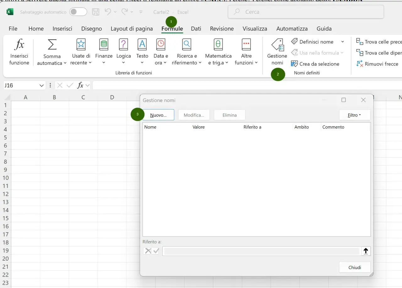 Gestione nomi in Excel, utile per definire nomi per formule, come la funzione lambda.