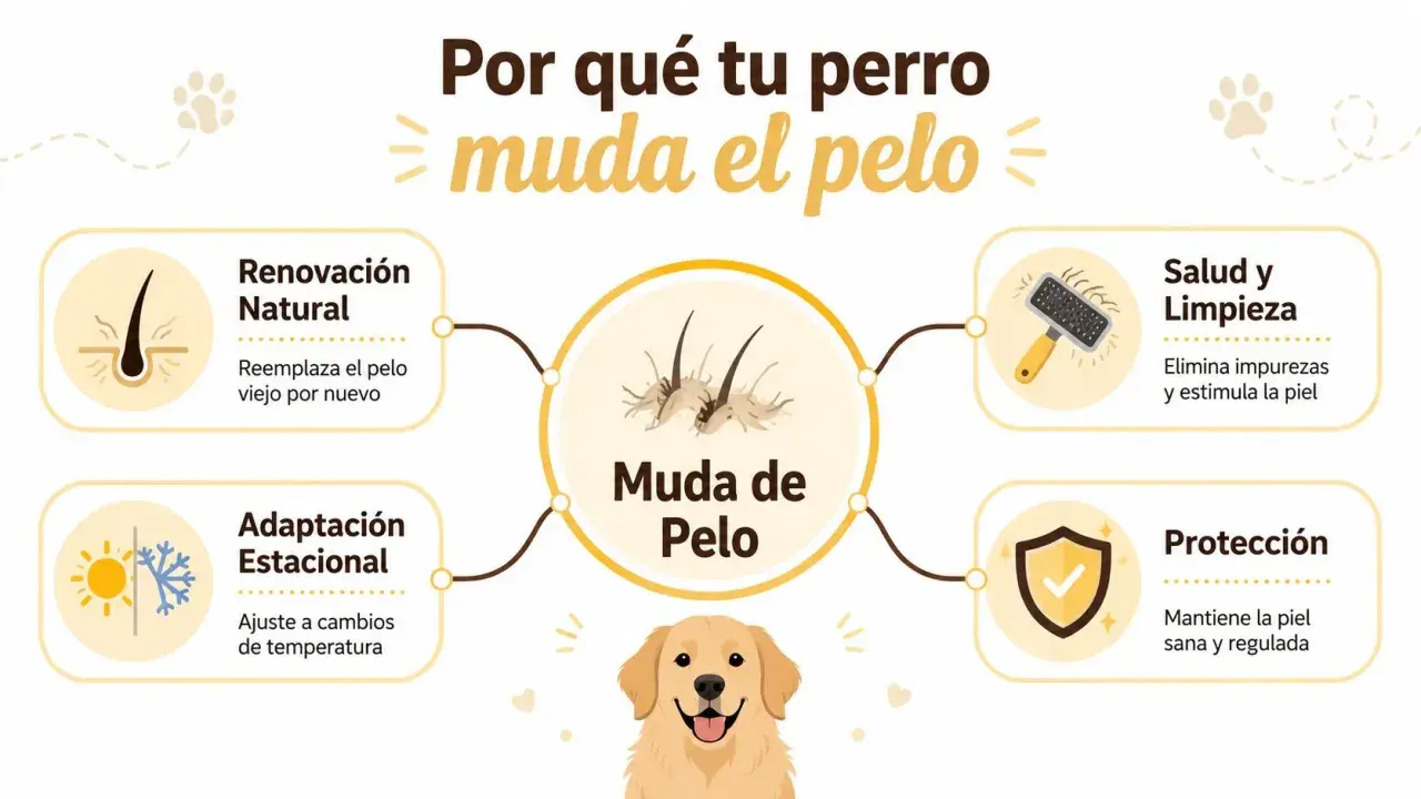 Infografía explica por qué tu perro muda el pelo: renovación natural, adaptación estacional, salud y limpieza, y protección.