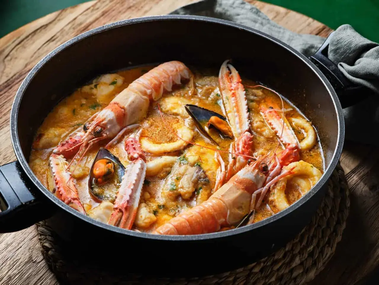 Una deliciosa zarzuela de pescado rebosante de langostinos, mejillones y calamares en una rica salsa.