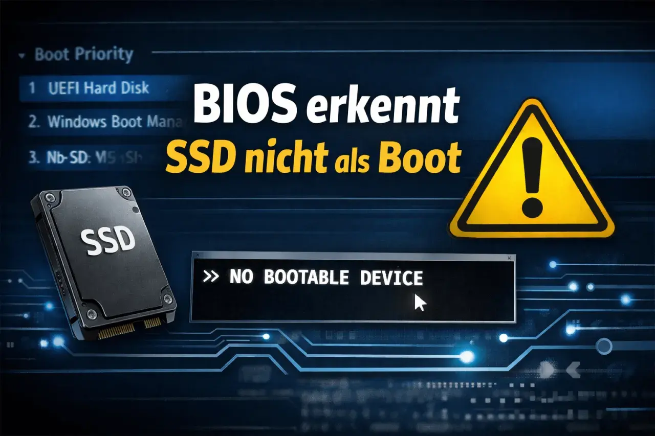 BIOS erkennt SSD nicht als Boot. Warnsymbol und "NO BOOTABLE DEVICE" Meldung.