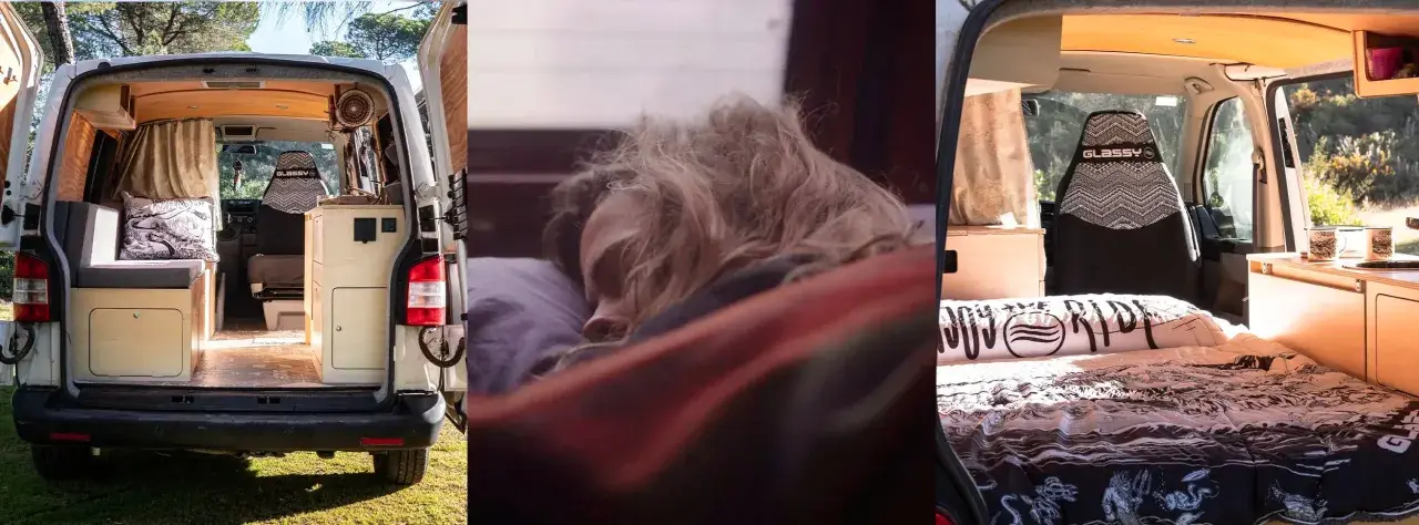 Aménagement intérieur d'un camping-car pour savoir où dormir en camping car. Une personne dort paisiblement dans son lit douillet.