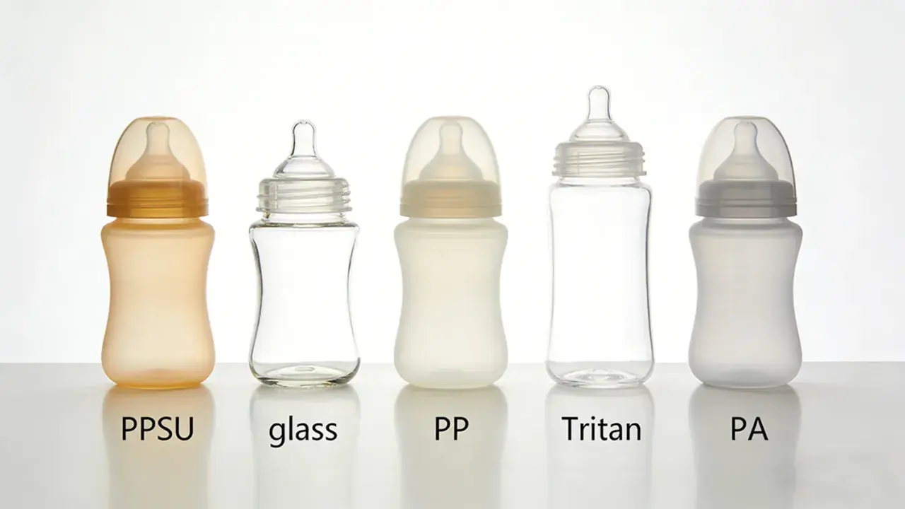 Five baby bottles: PPSU, glass, PP, Tritan, and PA. Choosing plastic baby bottles safe for your little one.