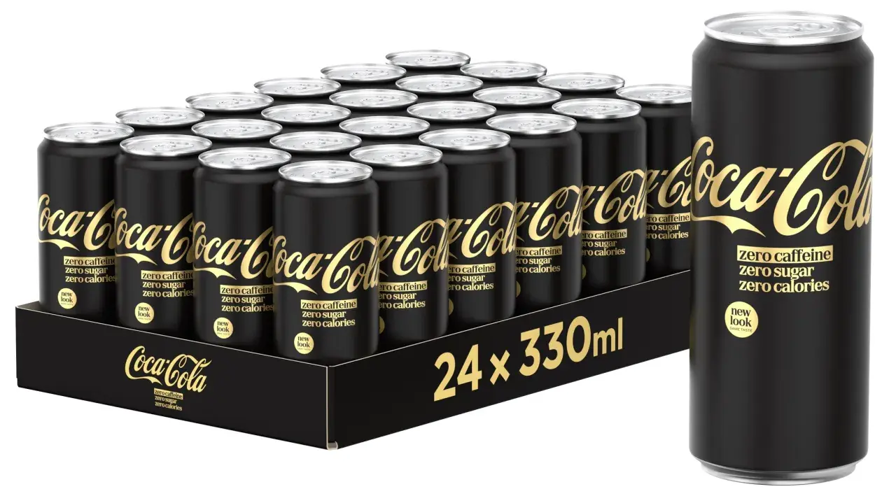 Czarna puszka Coca-Coli Zero z napisem "zero caffeine" – idealna herbata bez teiny dla każdego.