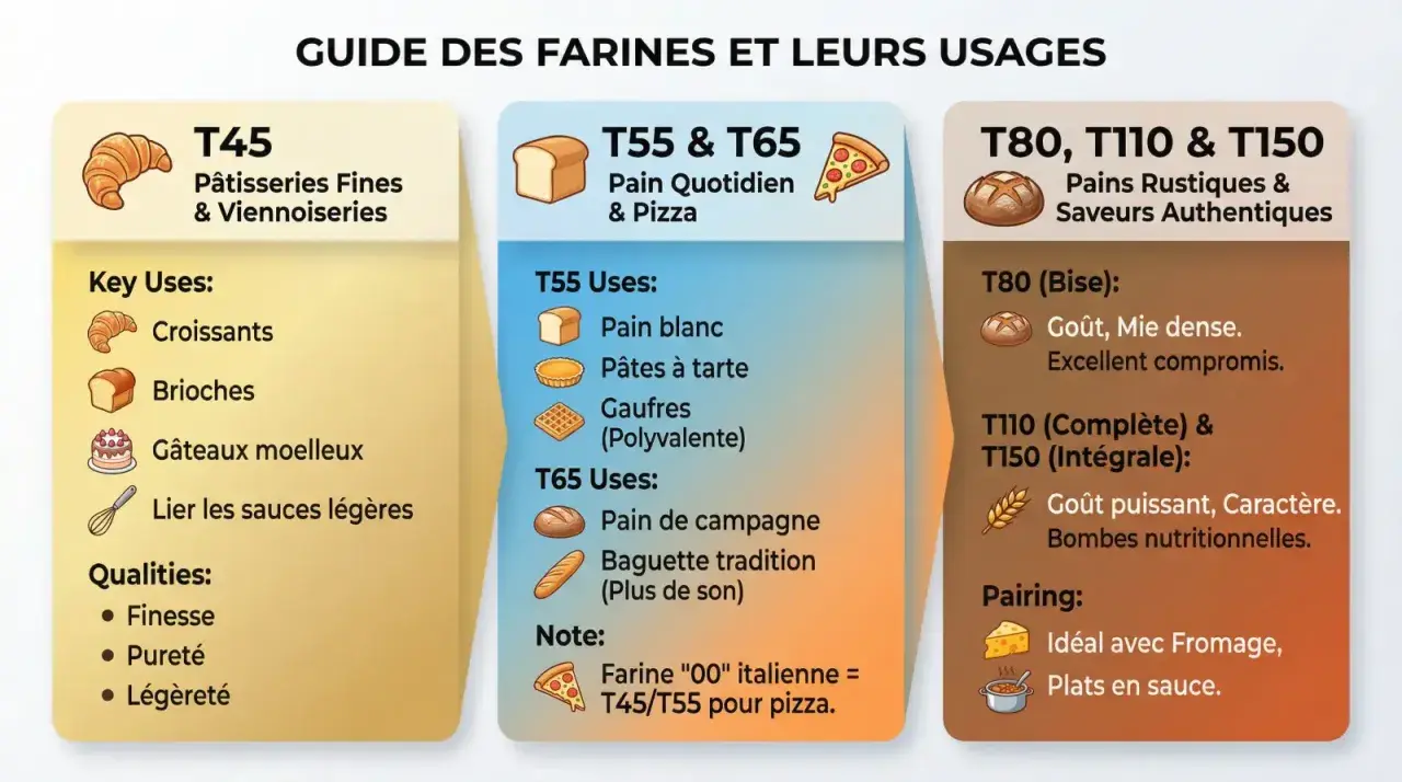 Guide des farines : T45 pour pâtisseries fines, T55/T65 pour pain quotidien et pizza. La différence farine t45 t55 est clé pour vos recettes.