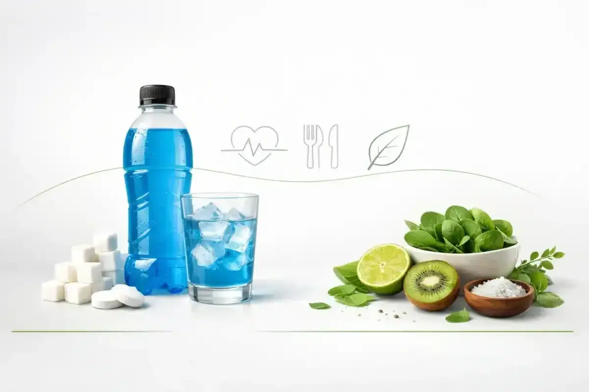 Niebieski napój sportowy, kostki cukru i tabletki obok szklanki z lodem. Po drugiej stronie miska ze szpinakiem, limonka, kiwi i sól. Czy Oshee nawadnia?