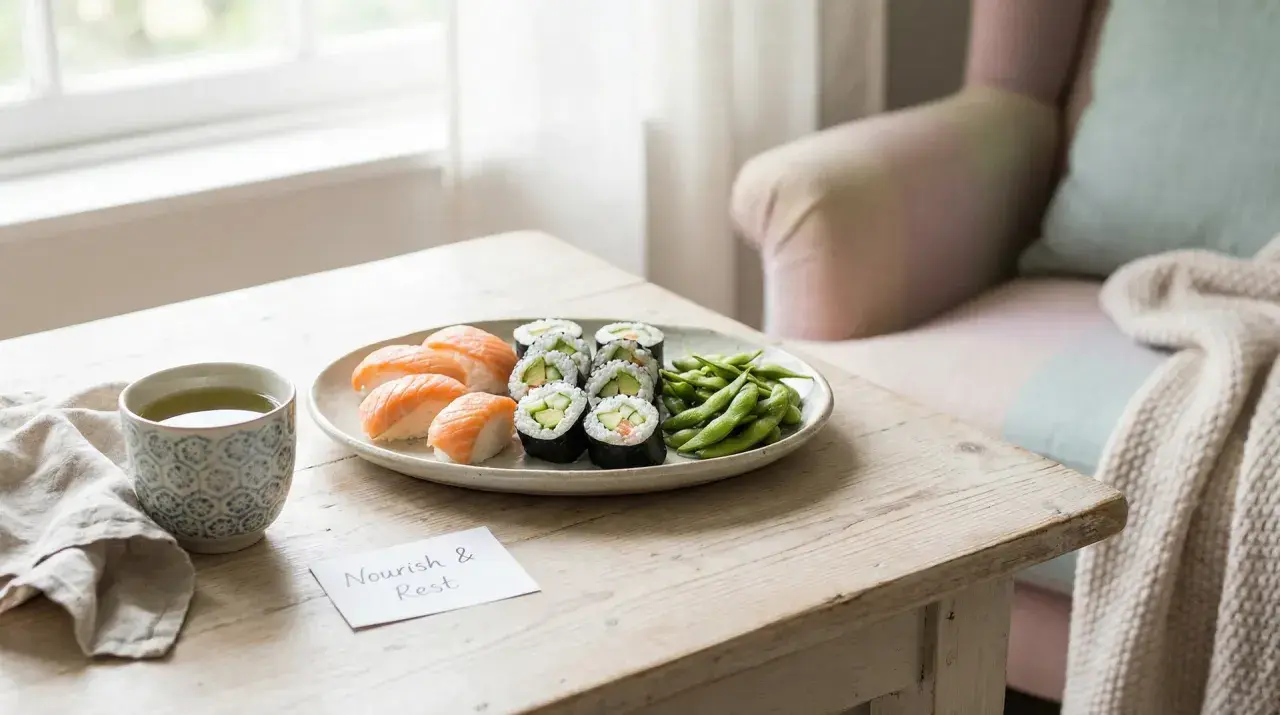 En tallrik med sushi, edamame och en kopp te på ett träbord. En påminnelse om att "Nourish & Rest" kan vara perfekt för en sushi gravid.
