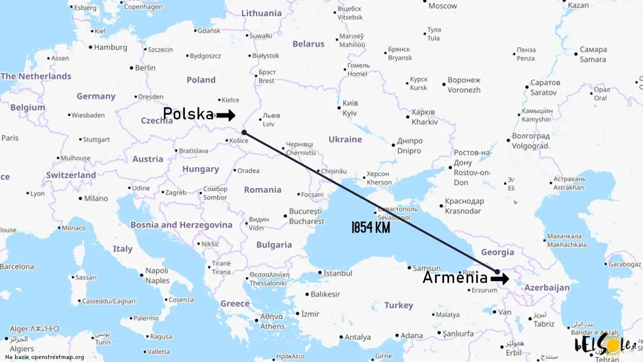 Armenia leży na wschód od Turcji, na południe od Gruzji. Mapa pokazuje trasę z Polski do Armenii.