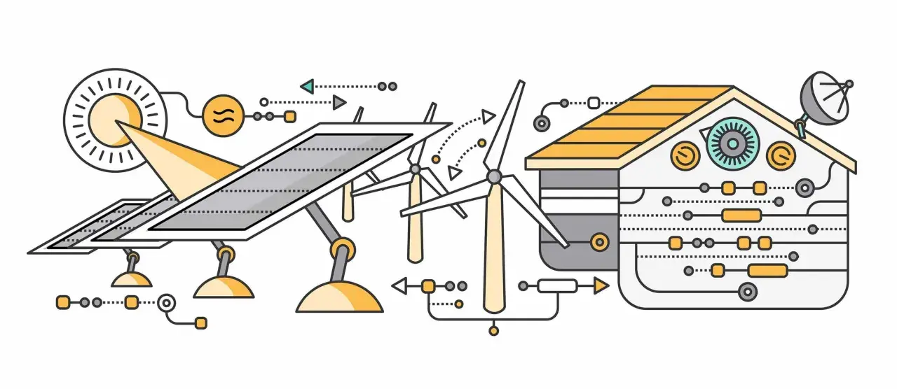 Ilustracja przedstawia schemat działania domu pasywnego: panele słoneczne i turbina wiatrowa dostarczają energię do inteligentnego budynku.