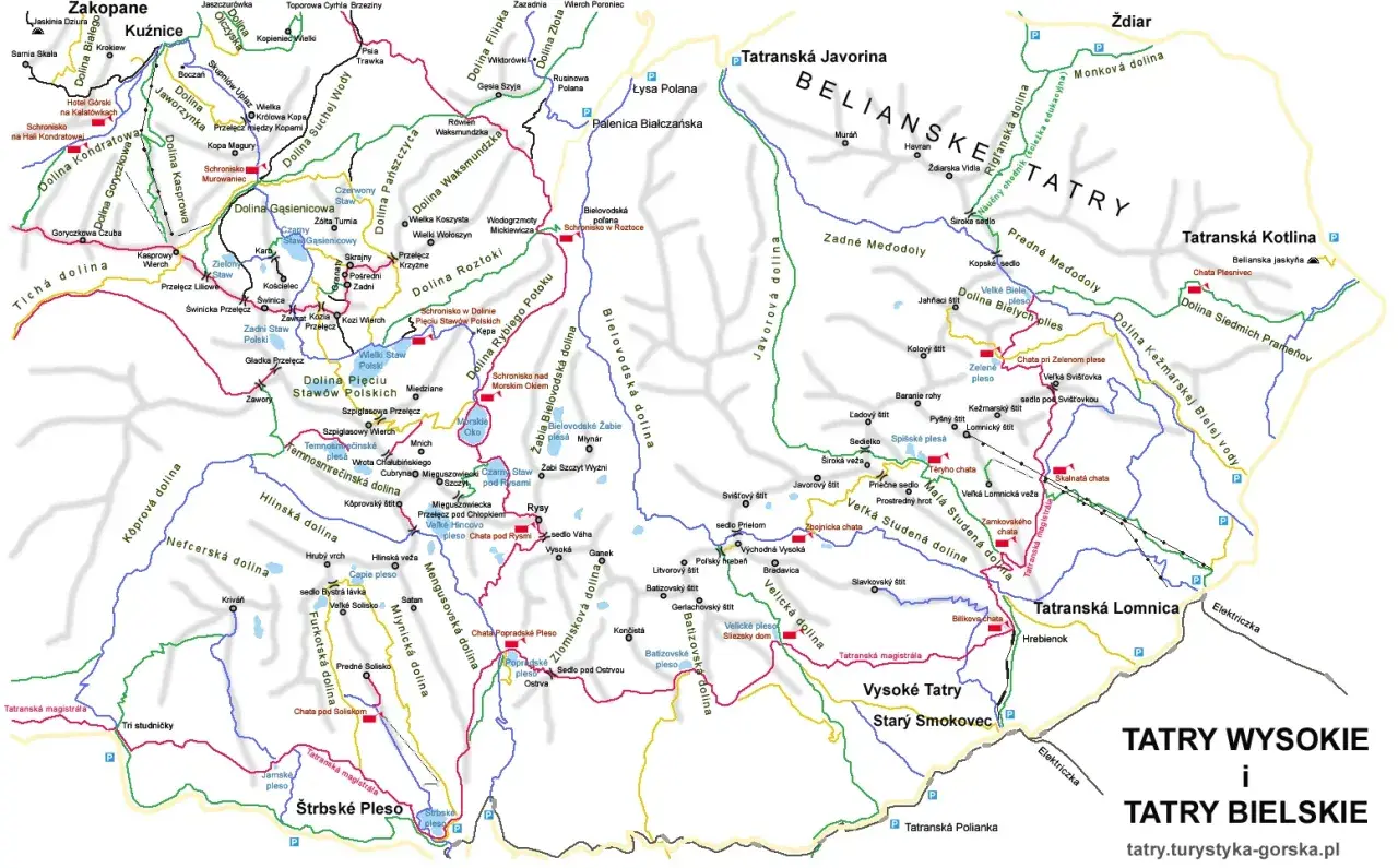 Mapa Tatr Wysokich i Bielskich z zaznaczonym szlakiem turystycznym, schroniskami i szczytami.