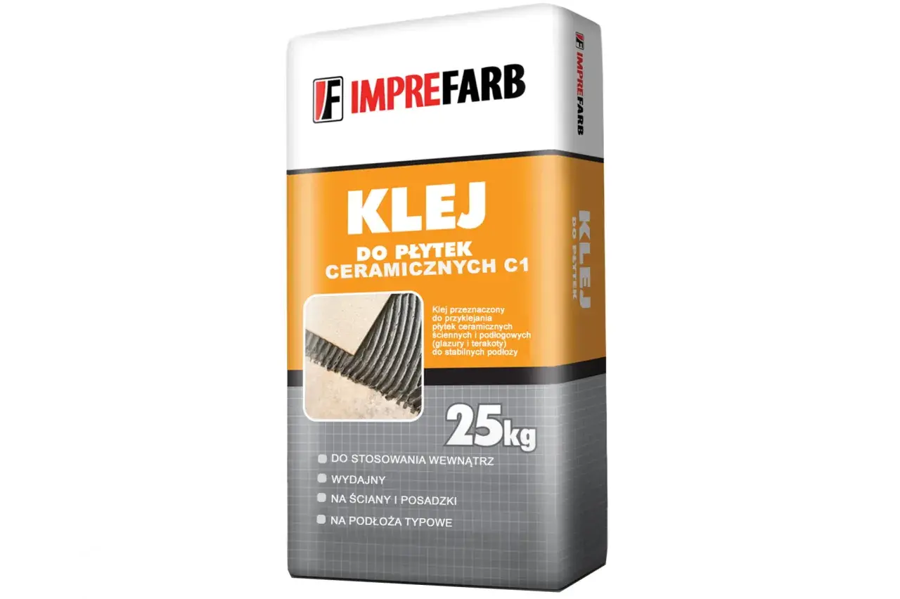 Imprefarb Klej do płytek ceramicznych C1, 25kg. Idealny, jeśli zastanawiasz się, jaki klej do płytek wybrać do wnętrz.