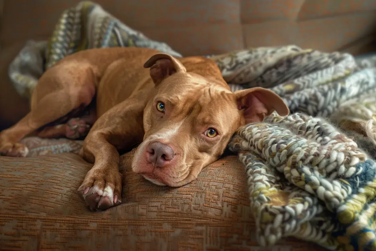 Słodki pitbull odpoczywa na kanapie, otulony kocem. Czy pitbull jest groźny? Ten piesek wygląda na łagodnego.