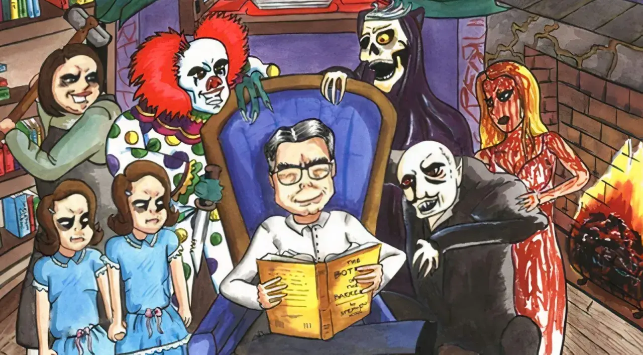 Stephen King w otoczeniu postaci z jego horrorów: Pennywise, bliźniaczki Grady, Jack Torrance, Dracula, śmierć i kobieta w czerwonej sukni.