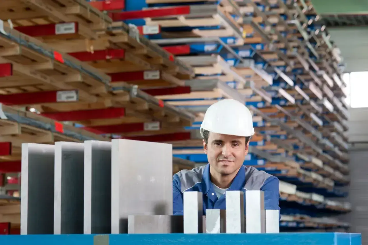 Pracownik w białym kasku stoi przed regałami pełnymi materiałów, obok niego leżą różne stopy aluminium.