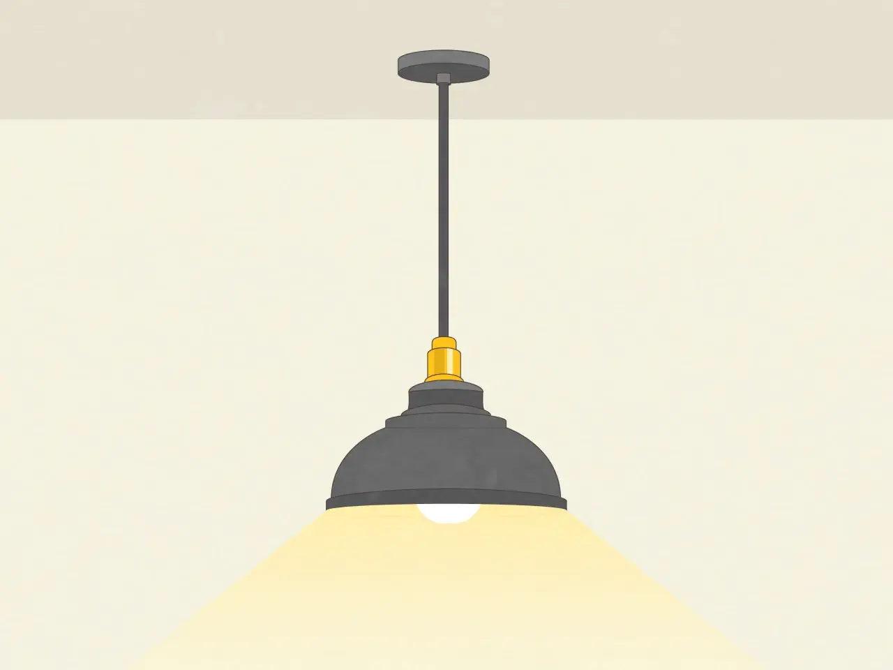 Lámpara de techo con bombilla colgante cuerda, pantalla gris y detalles dorados, iluminando un espacio acogedor.