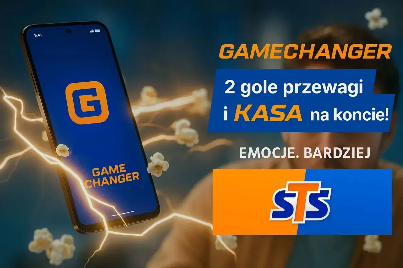 Telefon z aplikacją GAMECHANGER, błyskawice, popcorn. "2 gole przewagi i KASA na koncie!" - to znaczy, że wygrana jest pewna!
