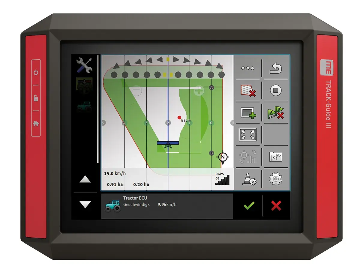 Écran d'un terminal agricole affichant une carte de guidage pour un isobus tracteur, avec des données de vitesse et de surface.