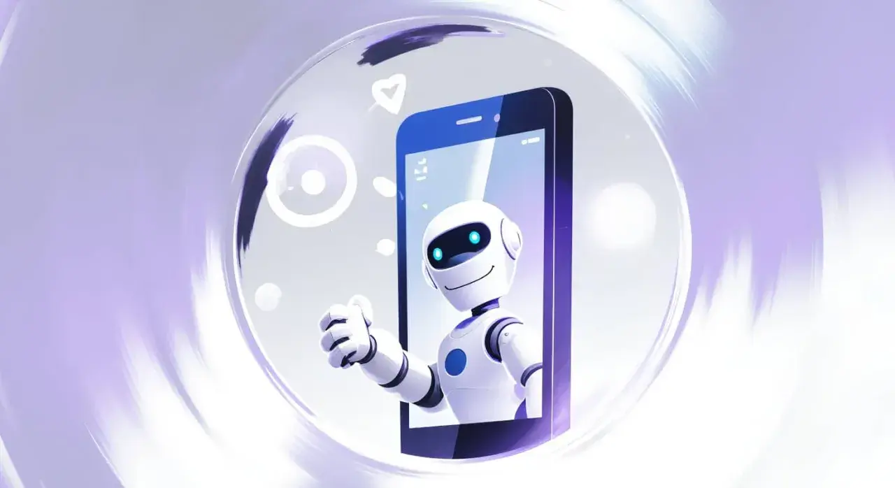 Uśmiechnięty robot z niebieskimi oczami wychyla się z ekranu smartfona, pokazując kciuk w górę. To symbol nowoczesnego wykorzystania sztucznej inteligencji w codziennym życiu.