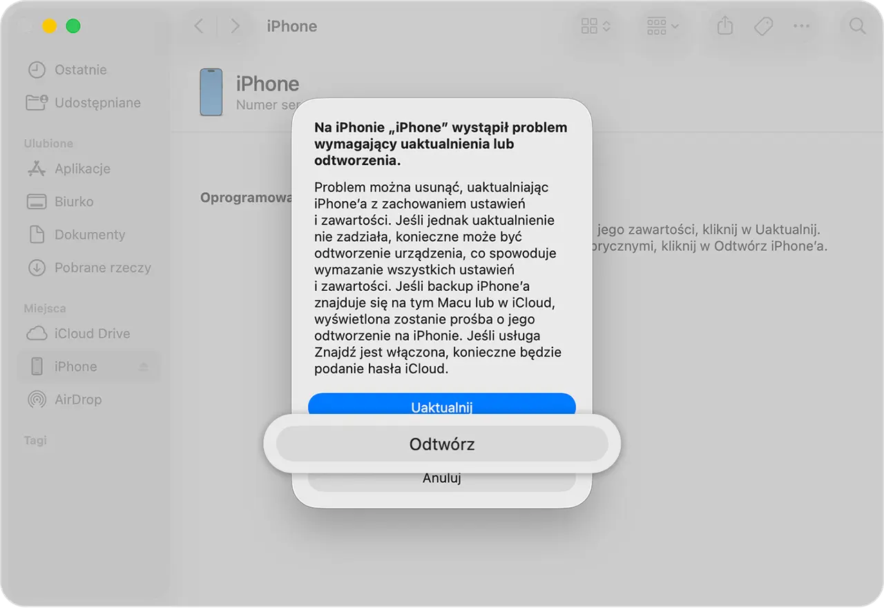 Komunikat o błędzie na iPhonie, sugerujący uaktualnienie lub odtworzenie. Możliwe rozwiązanie problemu to reset iPhone'a.