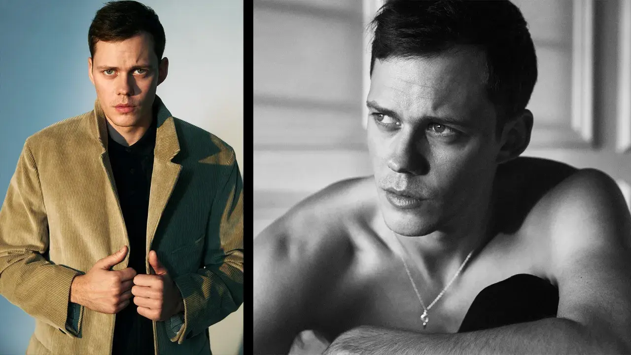 Bill Skarsgård, känd från rollistan i Clark, i en manchesterkavaj och en närbild i svartvitt.