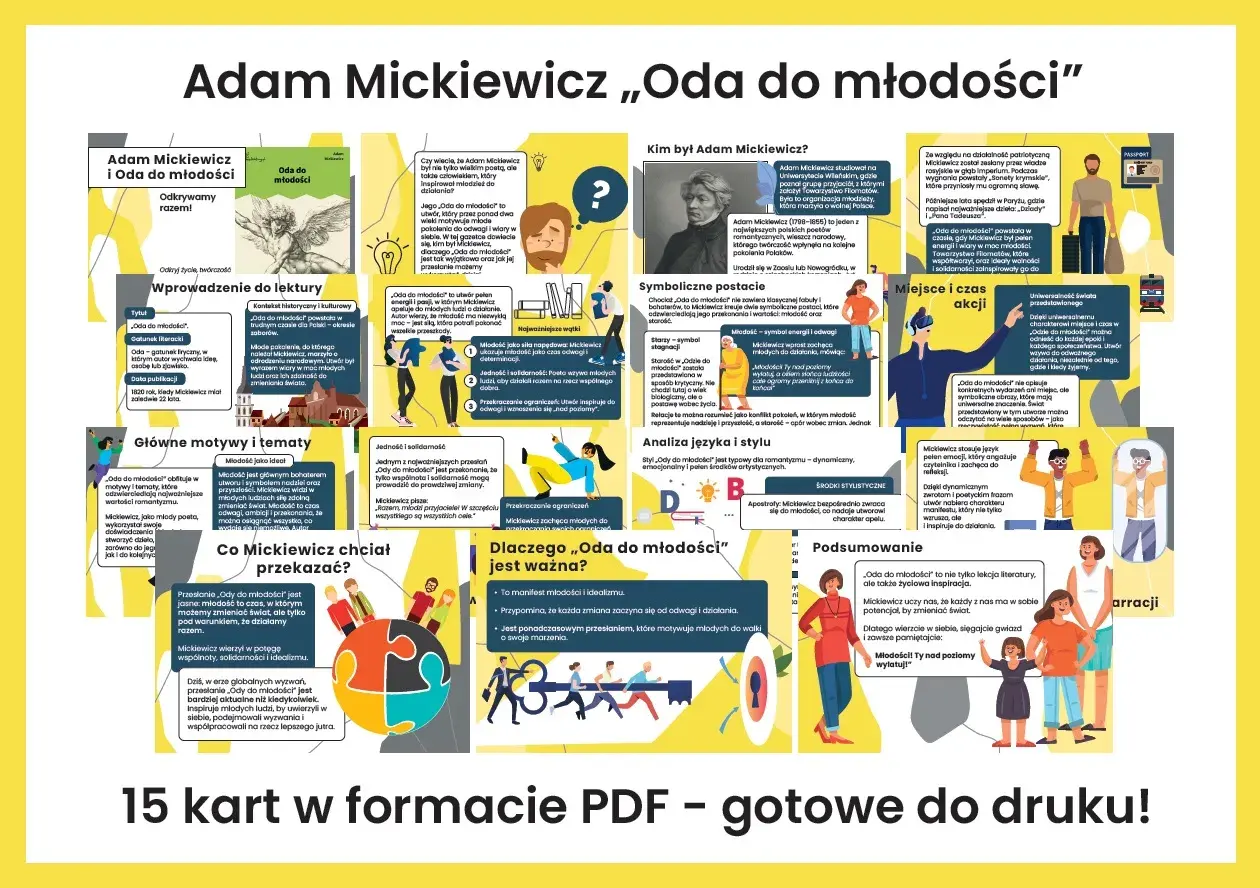Ilustracja z cytatami i grafikami o "Odzie do młodości" Adama Mickiewicza.