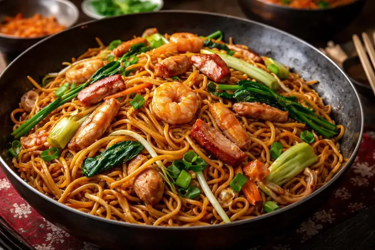 En stor panna med nudlar, räkor, kött och grönsaker. Ett perfekt nudlar recept för en snabb och god middag.
