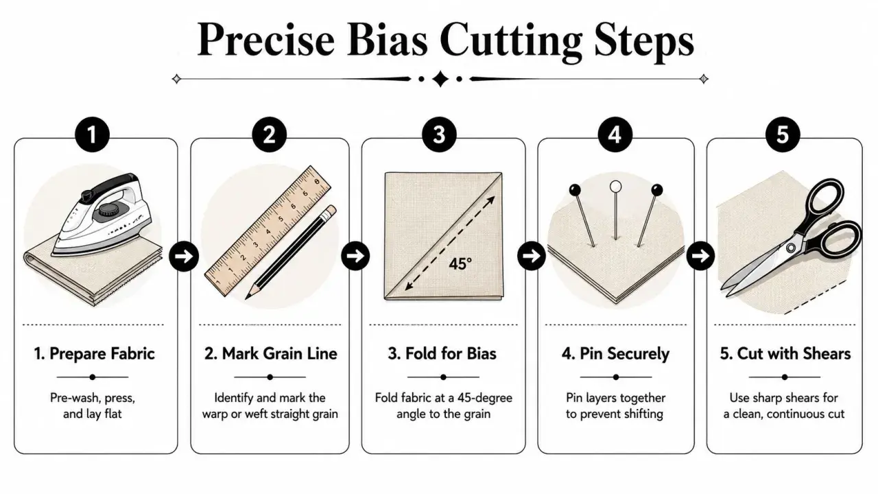 Steps for precise bias cutting: prepare fabric, mark grain line, fold fabric at 45 degrees, pin layers, and cut with shears.
