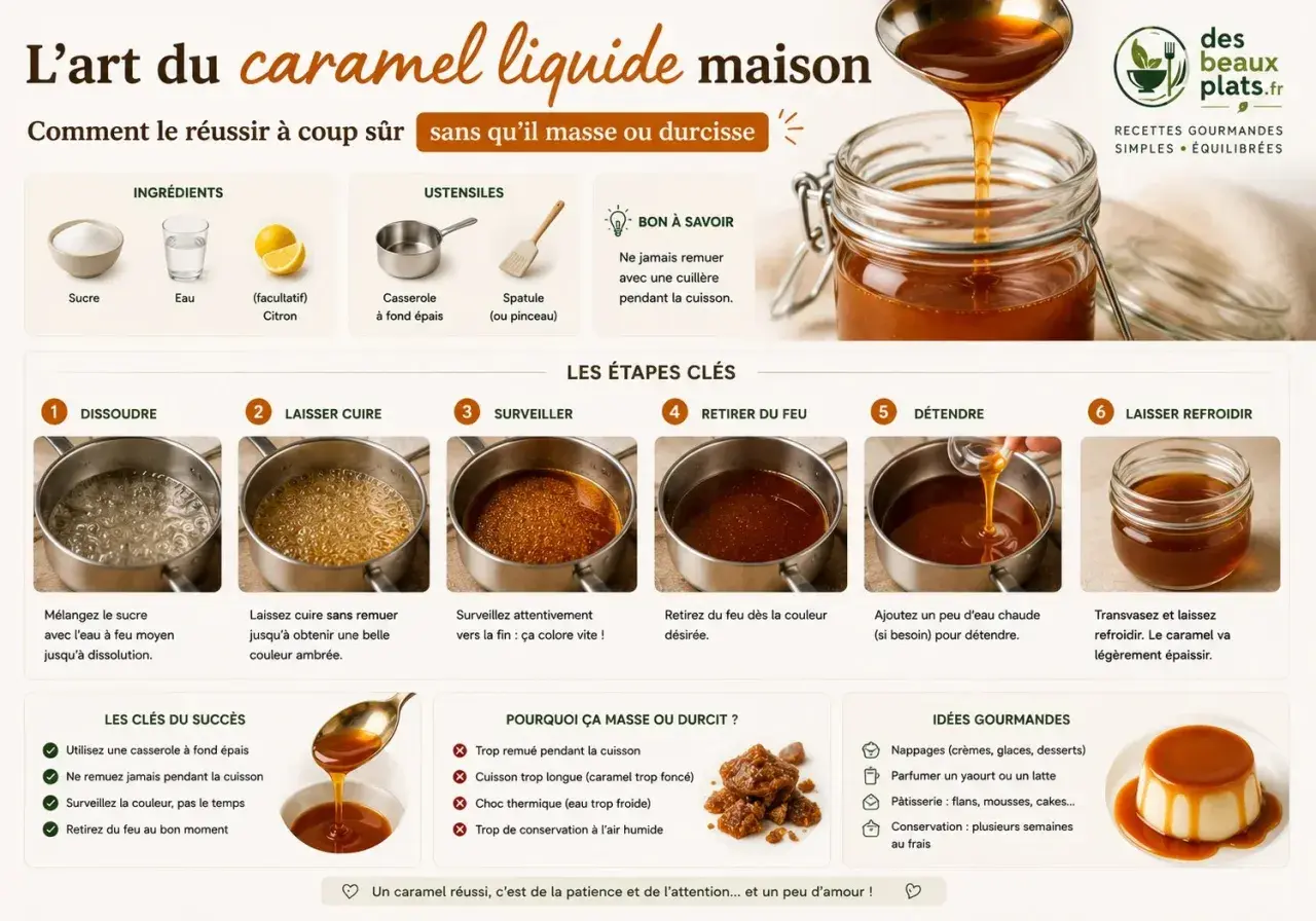 Guide pour réussir un caramel liquide maison, de la dissolution à la dégustation. Le caramel est versé dans un bocal.