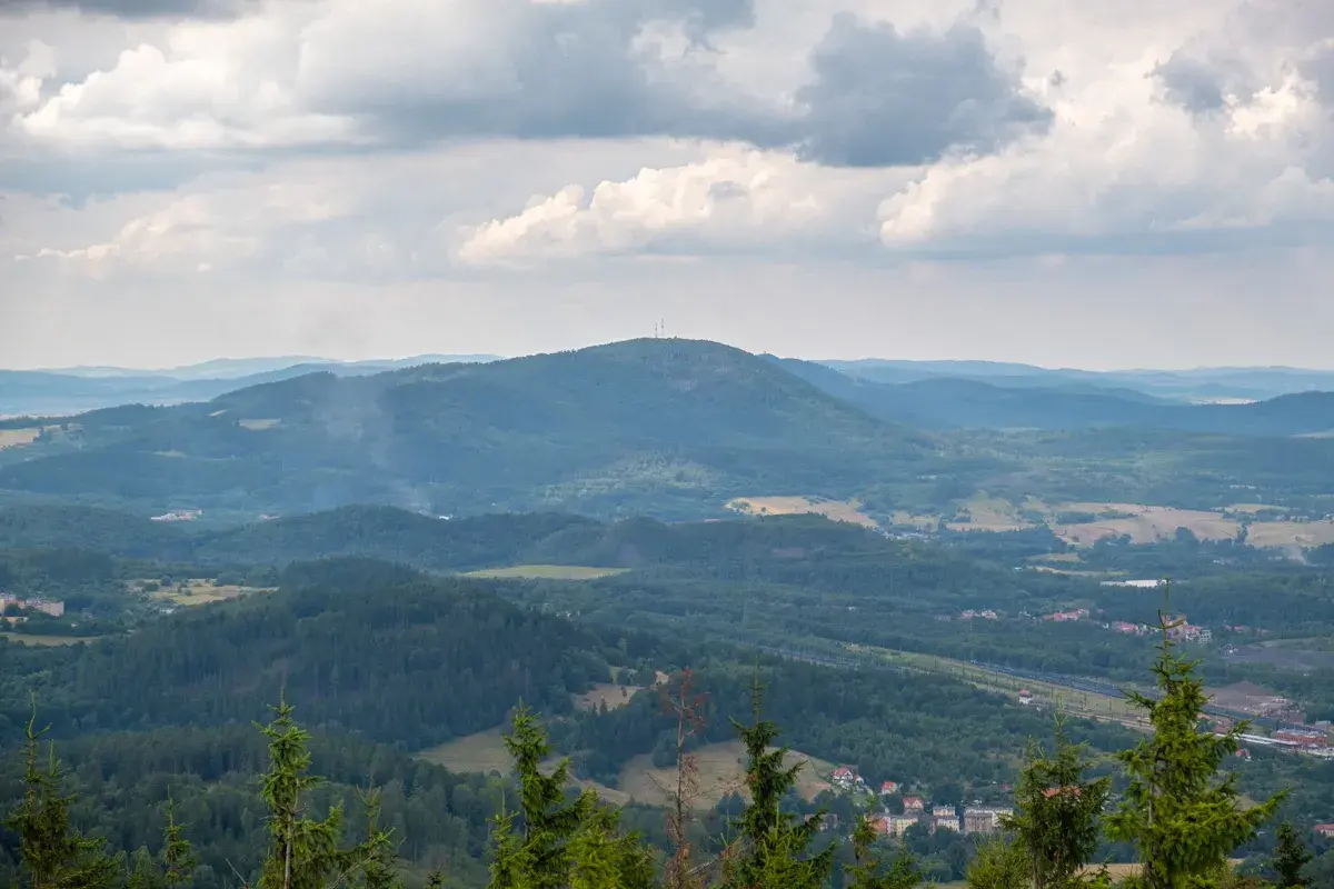 Widok na rozległą, zieloną dolinę z dominującą, zalesioną borową górą na horyzoncie. Na szczycie góry widoczna wieża telekomunikacyjna.