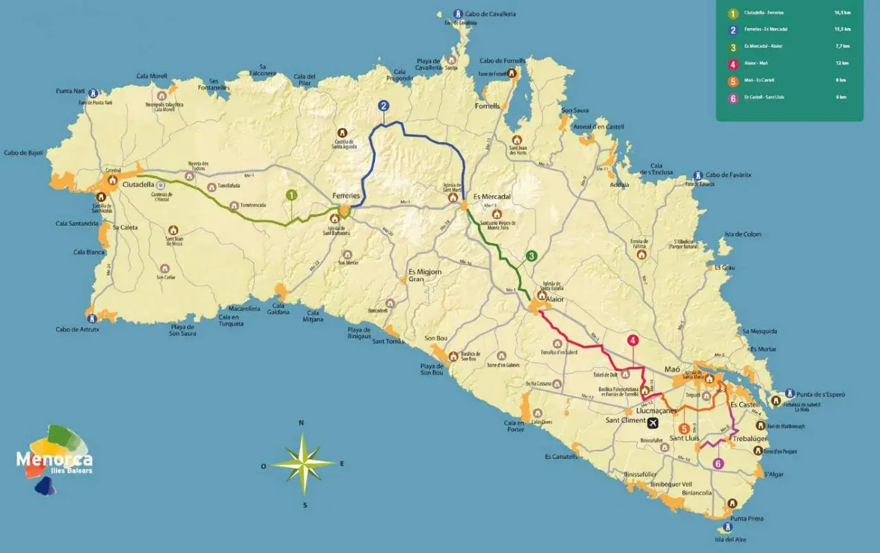 Mapa de Menorca con rutas ciclistas señalizadas. El carril bici de Menorca te lleva a descubrir la isla.