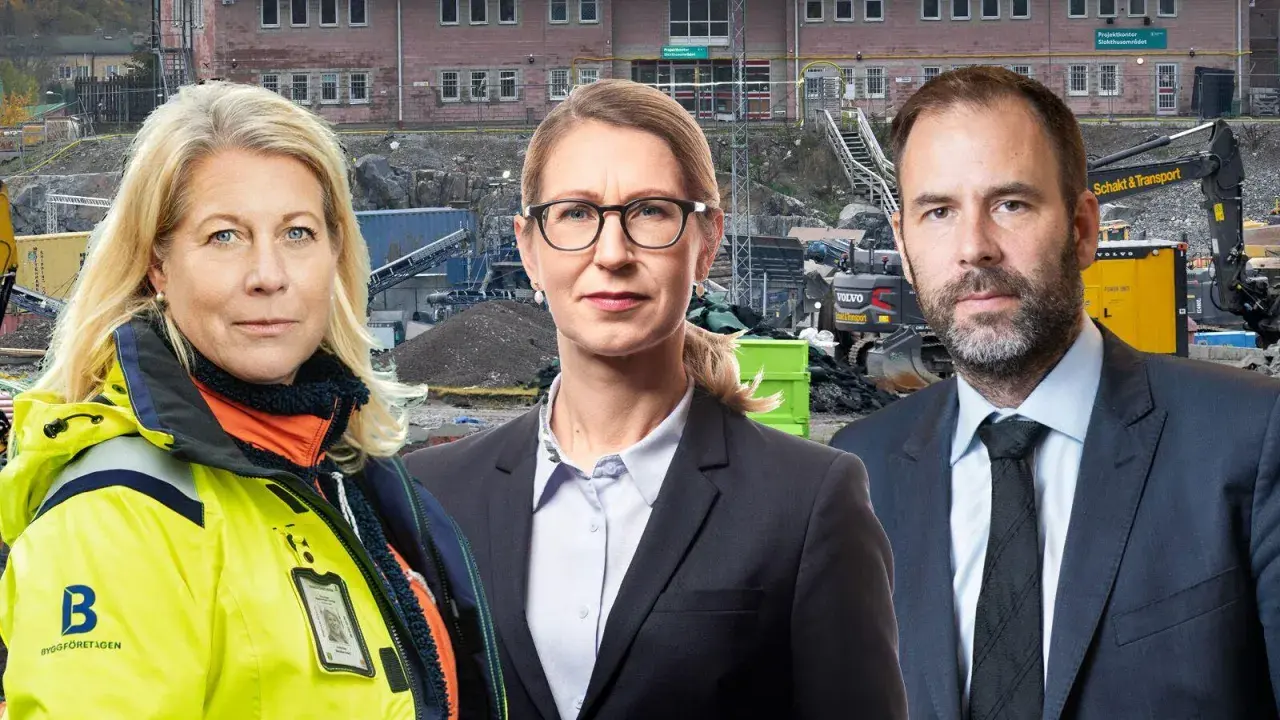 Tre personer framför en byggarbetsplats. De arbetar för att återskapa tillit i byggbranschen.