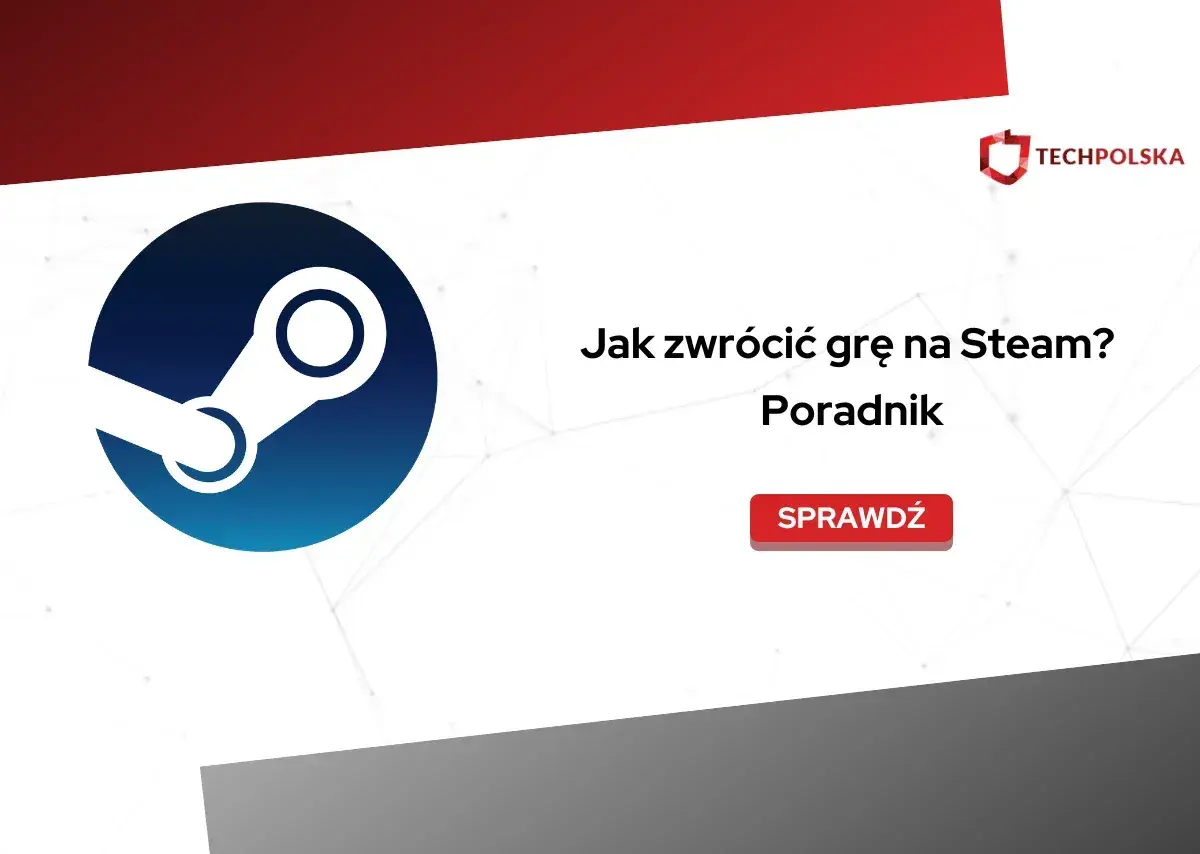 Logo Steam i tekst "Jak zwrócić grę na Steam? Poradnik". Dowiedz się, ile się oczekuje na pieniądze Steam po zwrocie.