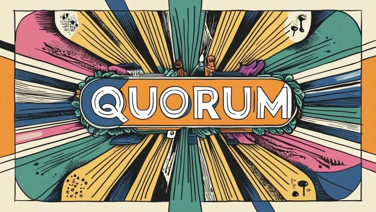 Le mot "QUORUM" en lettres blanches sur fond orange, entouré de rayons colorés et stylisés. L'image évoque une réunion importante.