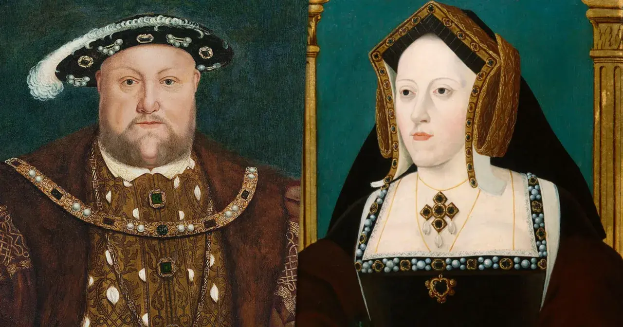 Portret króla Henryka VIII Tudora i jego żony. Król w bogatym stroju, królowa w ozdobnym nakryciu głowy.