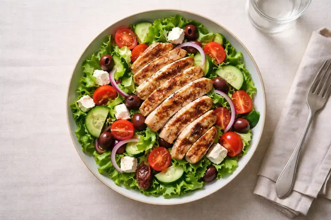 En fräsch sallad med grillad kyckling, som Tareq Taylor skulle kunna laga, med tomater, gurka, oliver och fetaost.