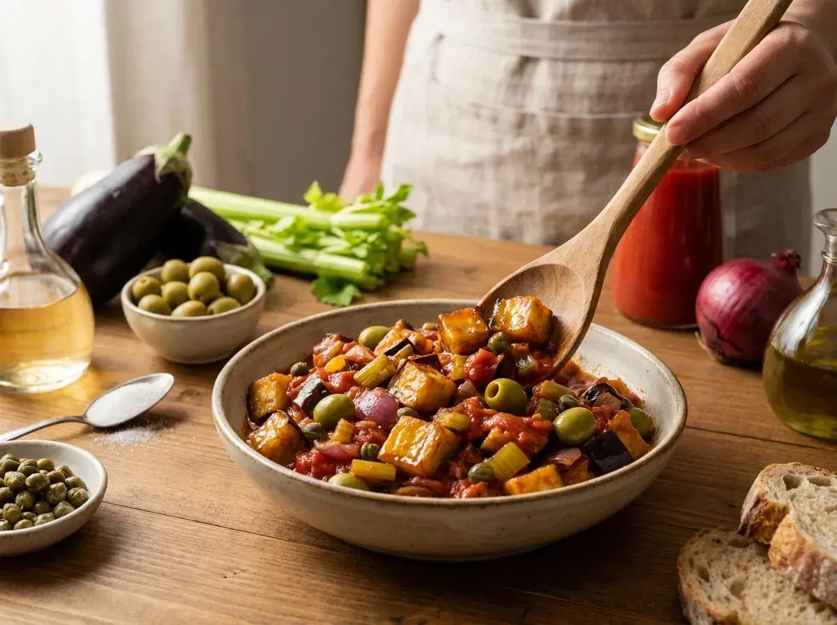 Une cuillère sert une généreuse portion de caponata sicilienne, un plat coloré d'aubergines, olives et tomates, prêt à être dégusté.