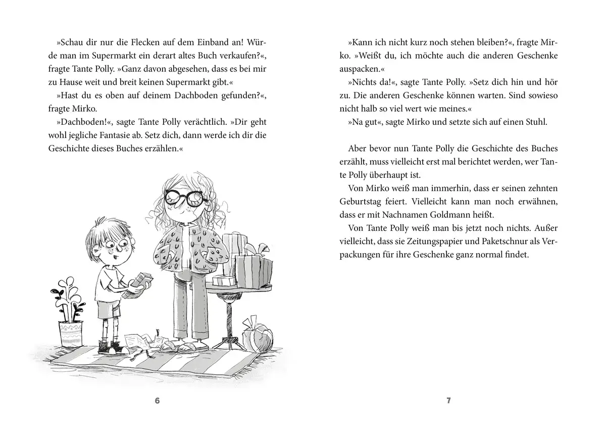 Mirko und Tante Polly stehen vor Geschenken. Tante Polly erzählt Mirko die Geschichte eines neuen Buches von Paul Maar.
