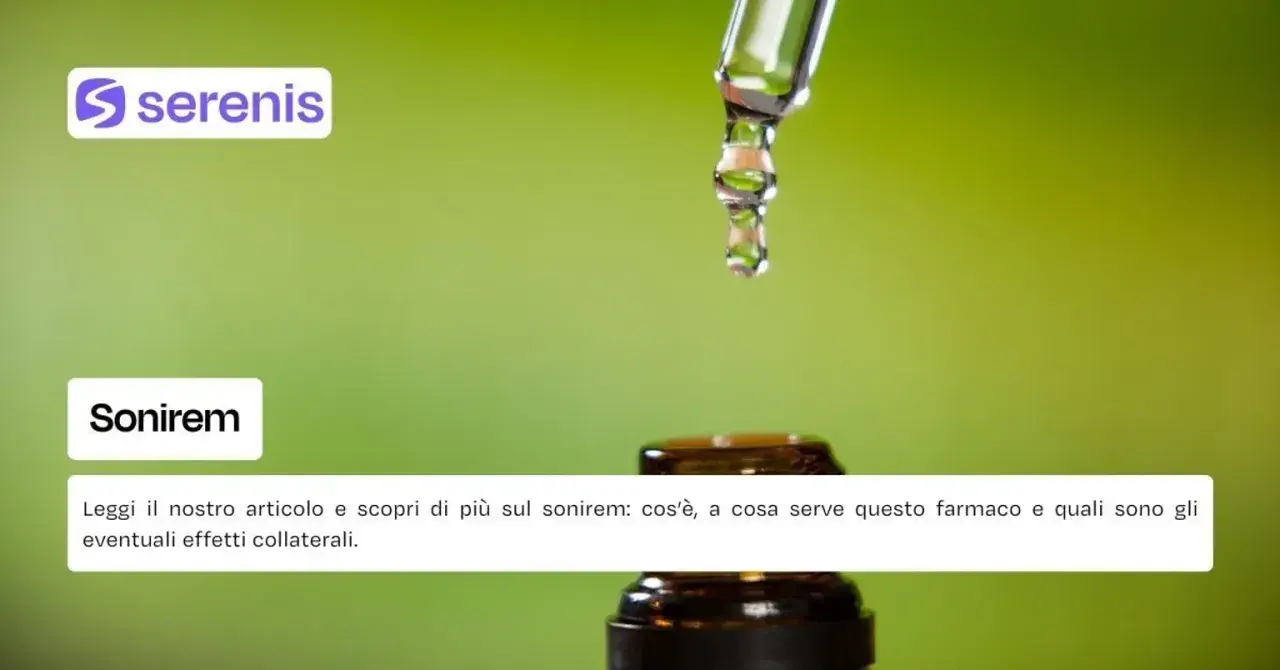 Goccia di liquido da un contagocce, con testo che menziona "Sonirem" e il suo principio attivo.