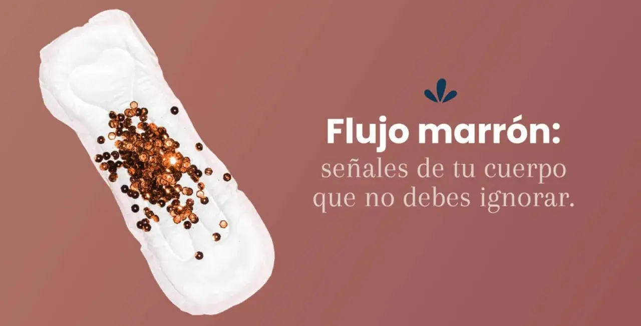 Compresa con destellos dorados simulando flujo marrón. El texto dice "Flujo marrón: señales de tu cuerpo que no debes ignorar".