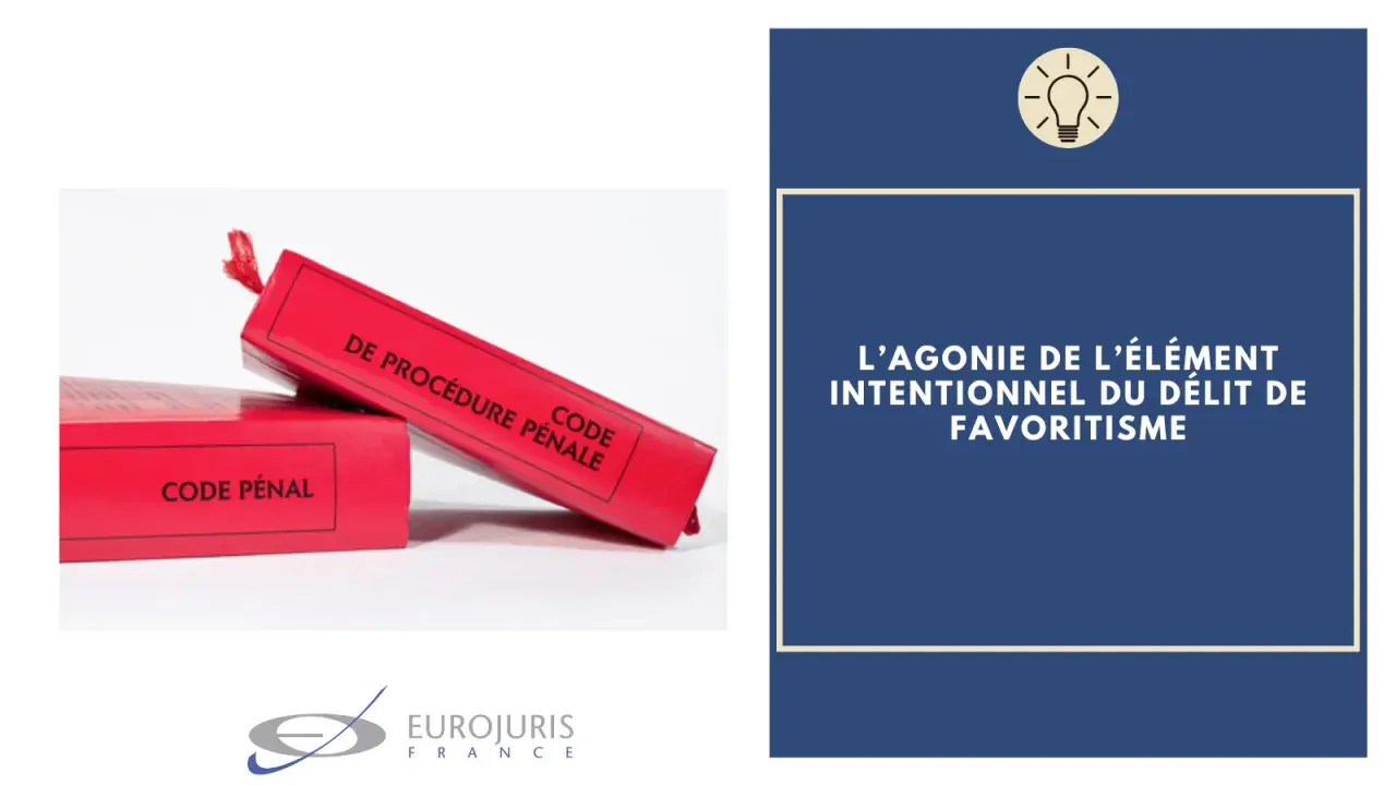 Deux codes rouges, "Code Pénal" et "Code de Procédure Pénale", symbolisent la loi. Le texte évoque le délit de favoritisme.
