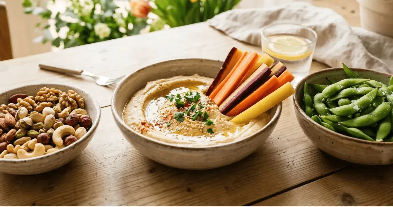 Zdrowa przekąska: hummus z marchewką, orzechy i edamame to świetne co zamiast chipsów.