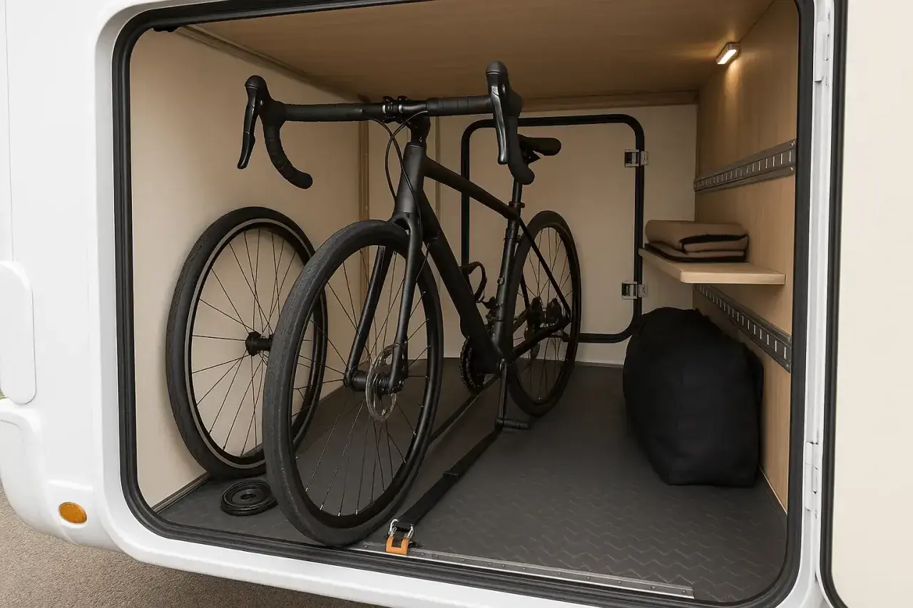 Comment fixer vélo dans soute camping car : un vélo noir est attaché au sol avec des sangles dans la soute d'un camping-car. Une roue est détachée.