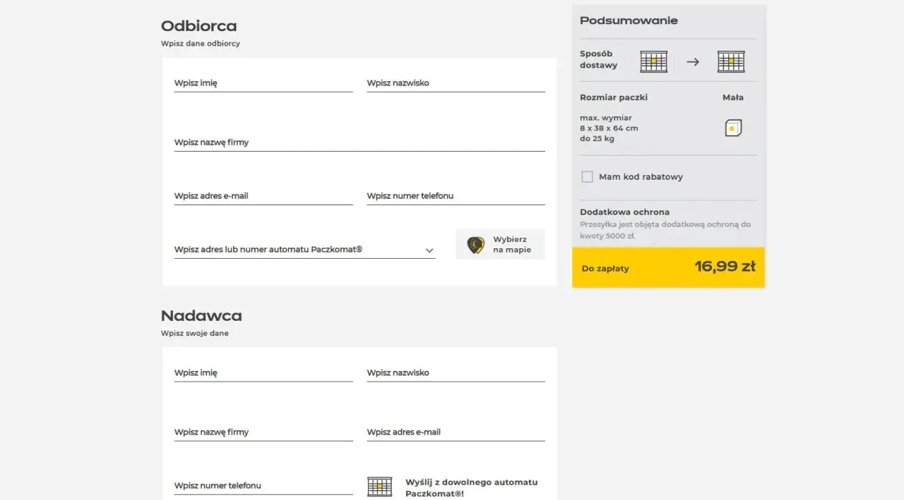 Formularz nadania paczki. Czy trzeba nakleić etykietę InPost? Nie, system generuje ją automatycznie.