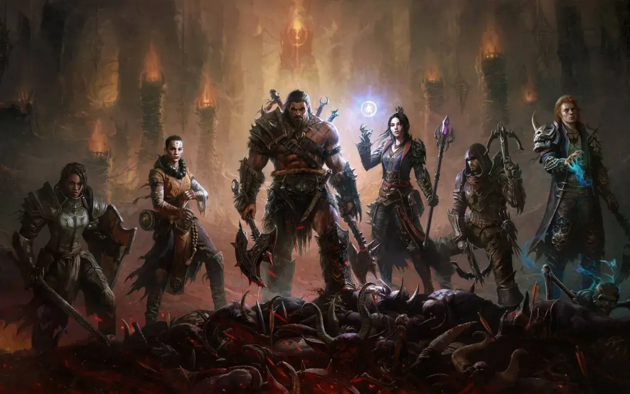 Siedmiu bohaterów Diablo Immortal na PS4, stojących na stosie pokonanych wrogów, gotowych do walki w mrocznym świecie.