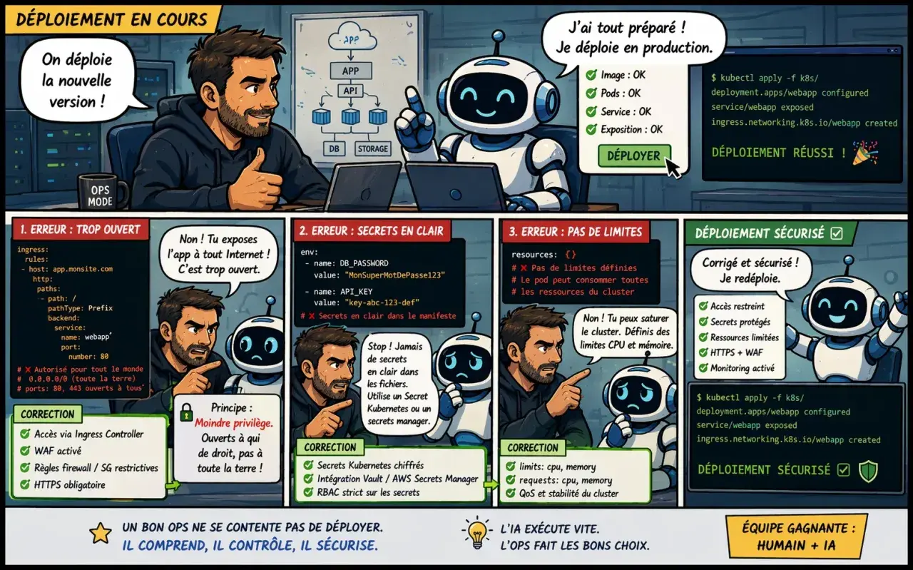 Un développeur et un robot travaillent sur un déploiement. Le robot signale des erreurs de sécurité, mais le développeur corrige le code pour un déploiement sécurisé, comme sur un azure blog.