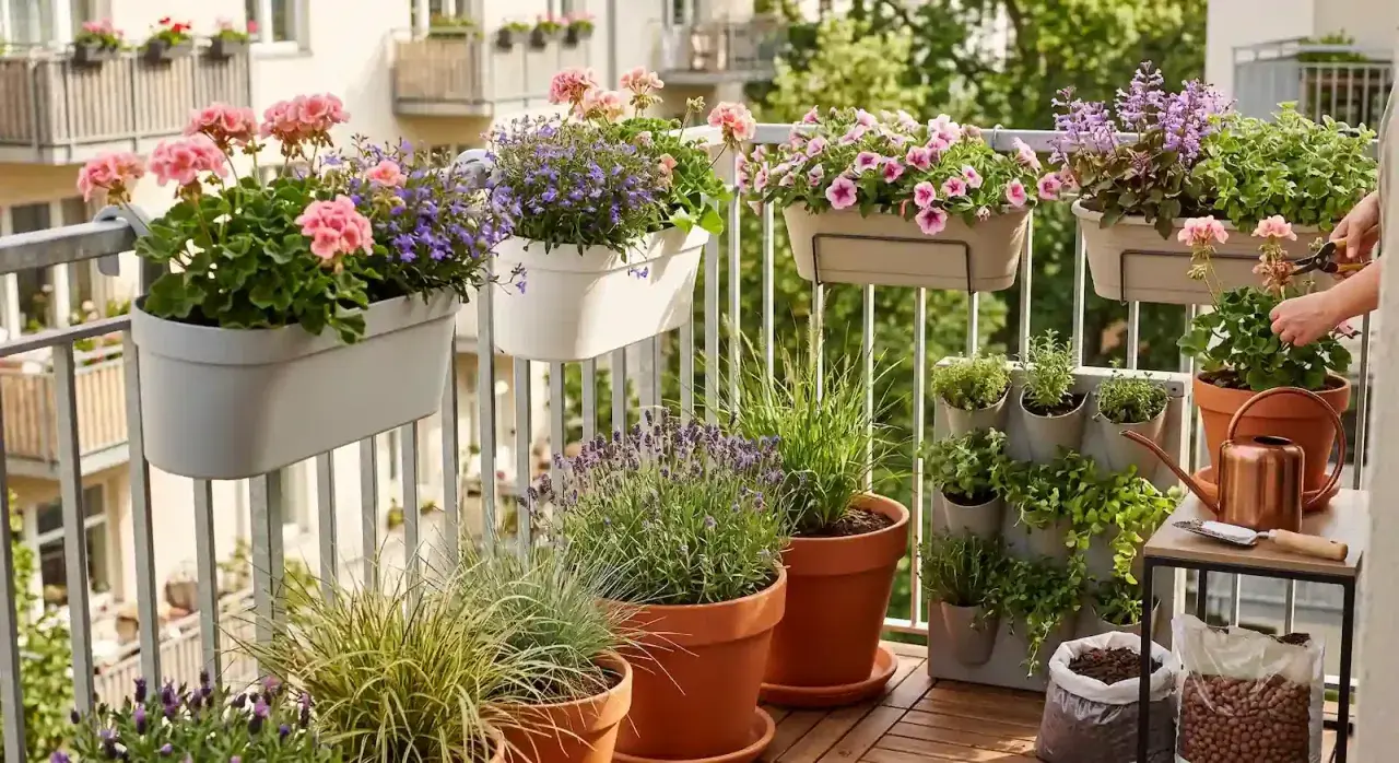 Kwiaty na zachodni balkon: różowe pelargonie, fioletowa lobelia i lawenda tworzą barwną kompozycję.